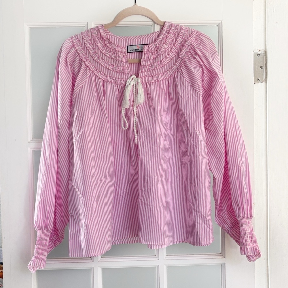 CK Bradley Pink White Stripes Smocked Cuffs Neck Tie Tassels size Small